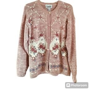 Vintage Teddi Petite Sz M Pink Rose Embroidered Cardigan Cottagecore Sweater EUC